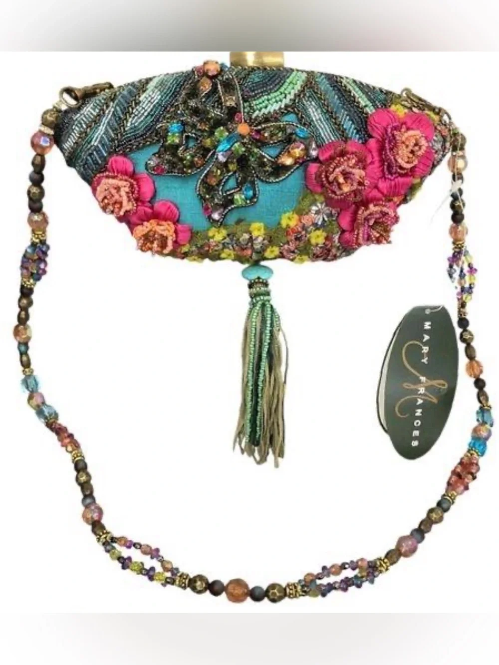 Vintage NWT Mary Frances Turquoise Pink Beaded Tea Garden Bag Purse Clutch